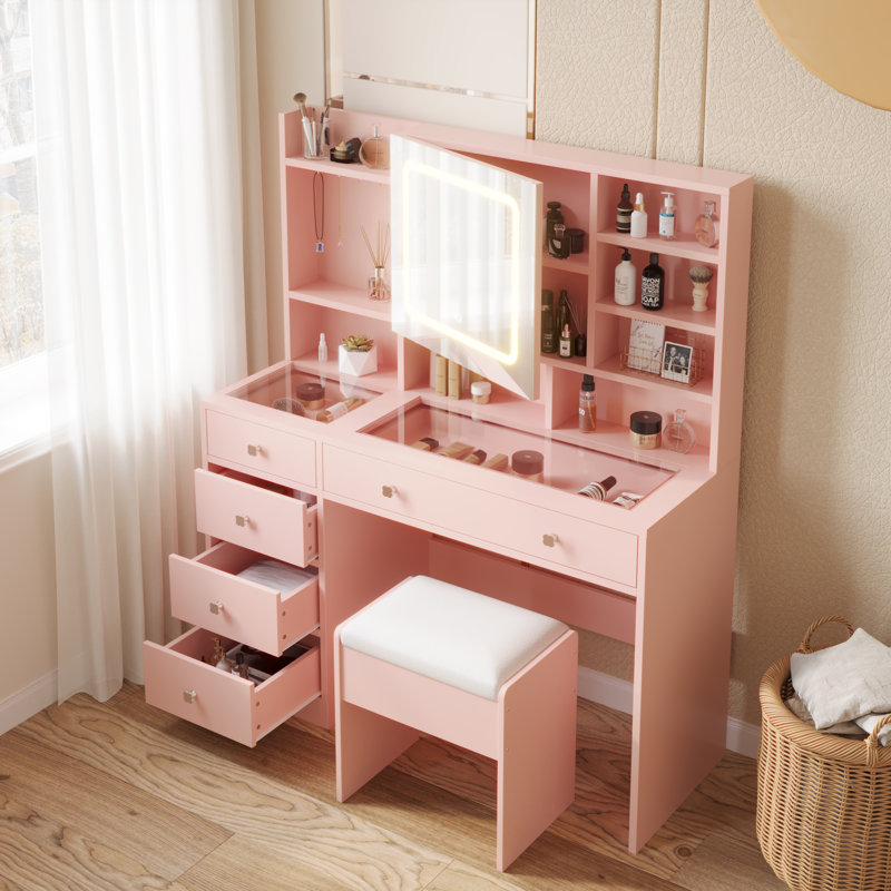 Ensemble de tabouret de coiffeuse Bohuslava, Rose
