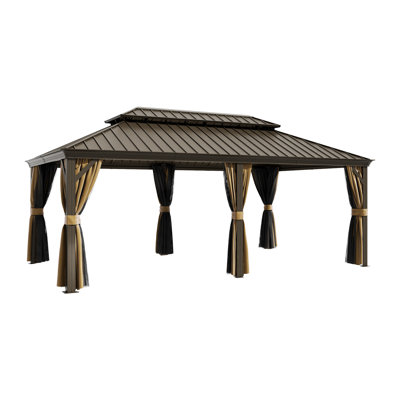 12 ft x 20 ft Hardtop Gazebo With Double Roof, Galvanized Steel Canopy, Netting & Curtains For Garden, Backyard, Deck & Lawn