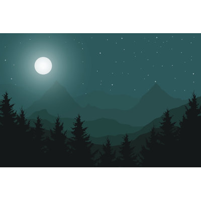 Vector Flat Illustration of a Panoramic Night Mountain Landscape with a Wood under the Sky with Moon and Stars with Space for Text by Forgem - Wrapped -  Millwood Pines, FB7D41D8CF34421F85216A0EAE58BF82