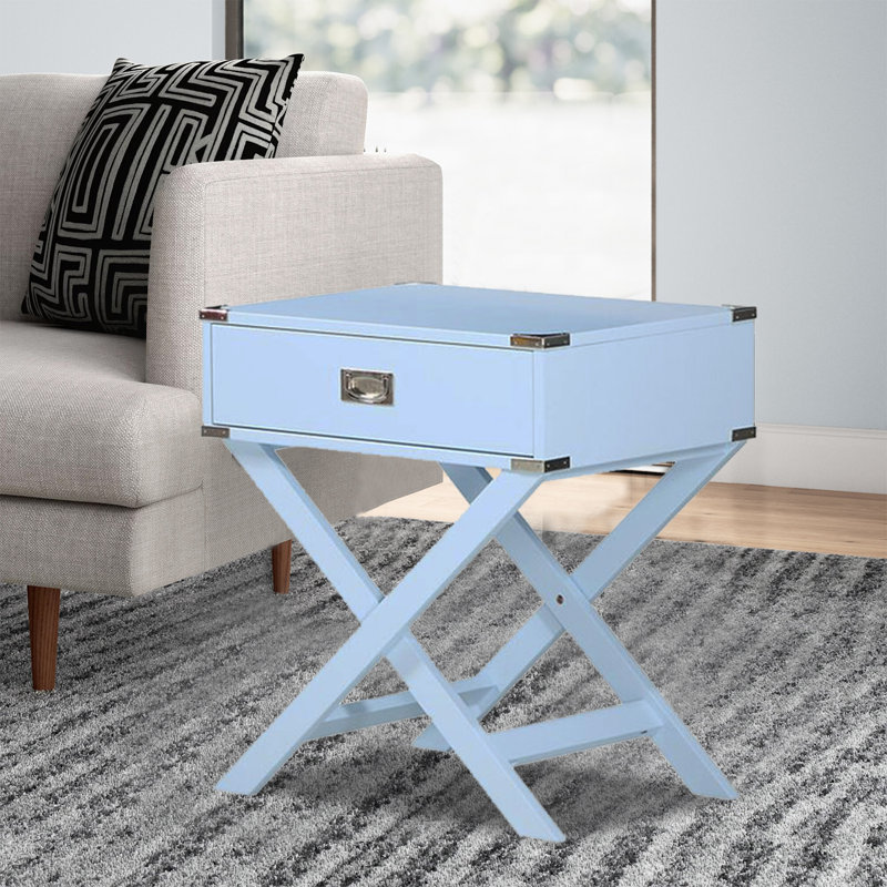 Asger Solid Wood Tray Top End Table Set with Storage and Built-In Outlets, Blue