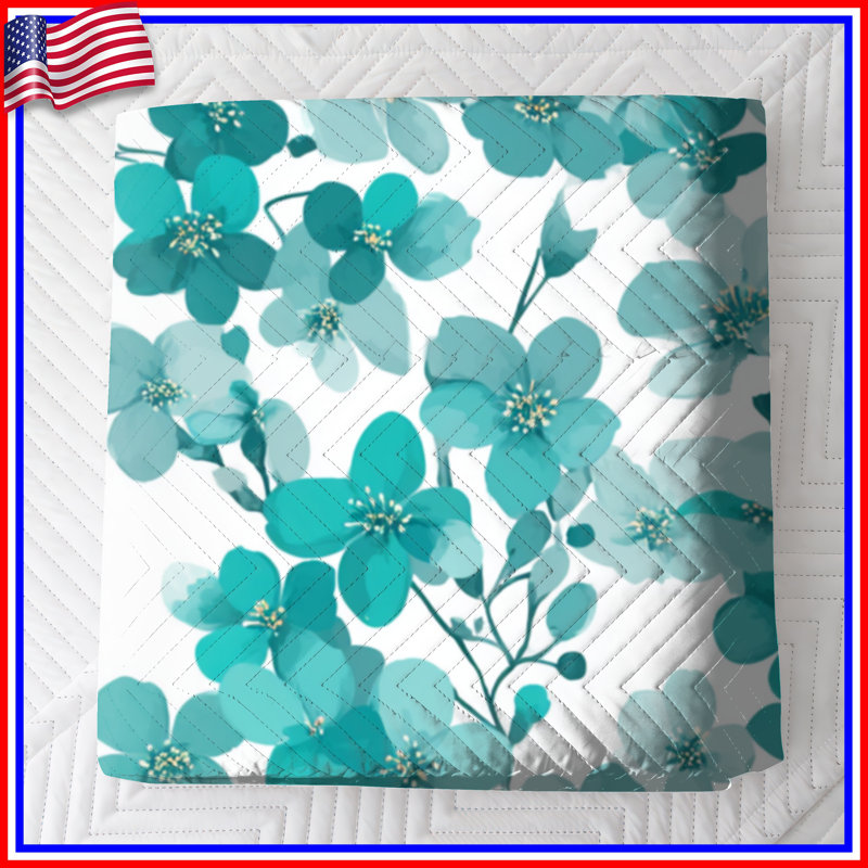 Couvre-lit matelassé fleurs bleu sarcelle toutes tailles, Très grand lit