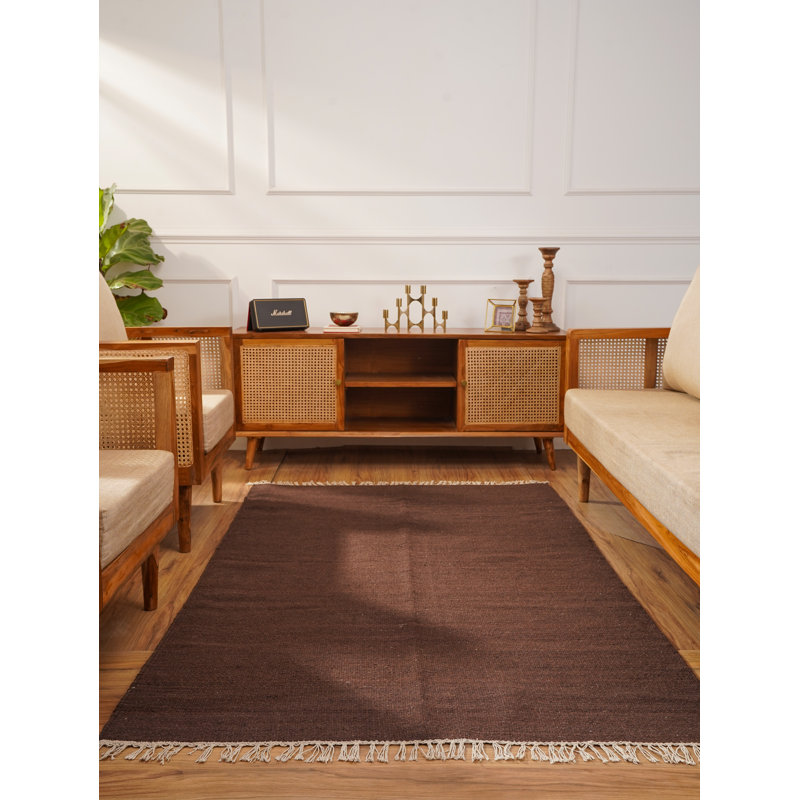 Tapis kilim en laine tissés à la main et à plat Alithea - 6 pi x 9 pi, rectangulaire, couleur brun foncé, motif uni uni, tapis faits à la main à poils courts pour le salon, la chambre à coucher