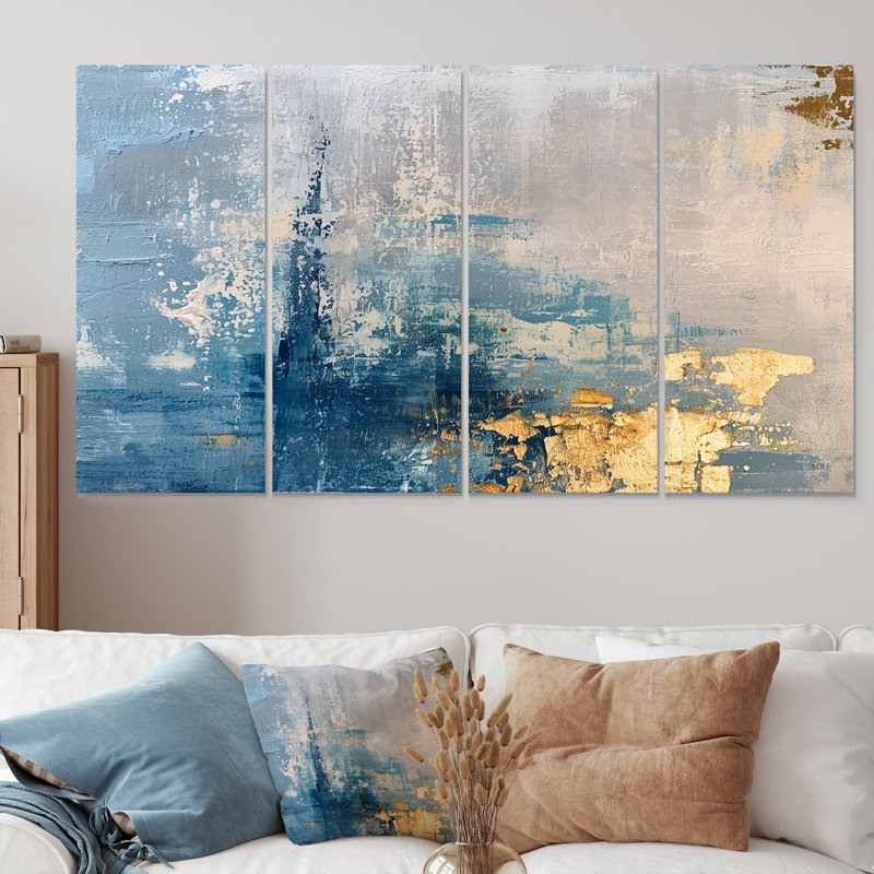 Tender Gold on Grunge Blue - Ensemble de 4 décorations murales abstraites, H 32 po x l 64 po