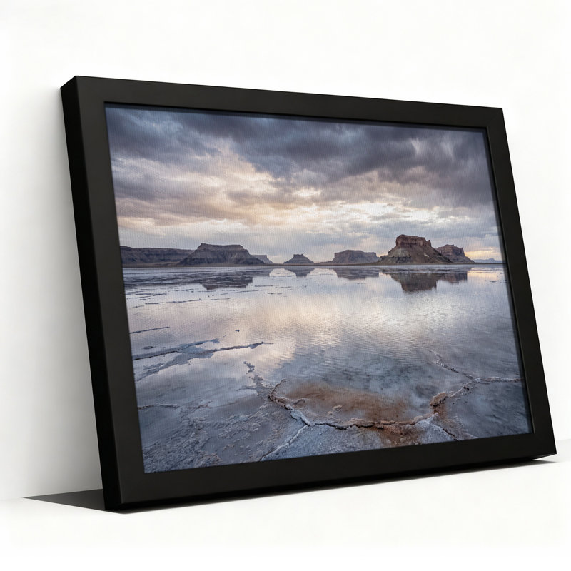 Mesa Reflections on Salt Flat Under Cloudy Sky Canvas Wall Art, 12"H x 18"W
