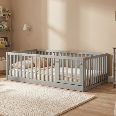Lit simple avec rails latéraux hauts, cadre de lit en bois d'hévéa avec rails de sécurité, matelas non inclus