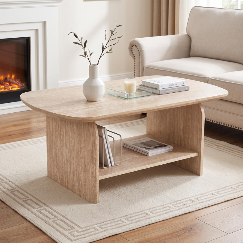 Table basse ovale de 97 cm avec rangement, table centrale à deux niveaux de style moderne du milieu du siècle pour salon