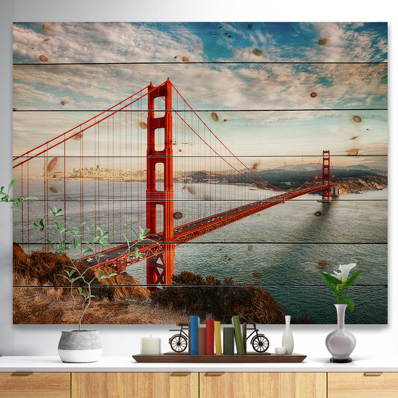 «Golden Gate Bridge in San Francisco» - reproduction, H 15 po x l 20 po x p 1 po, Bois