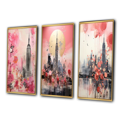 «Pink Vintage New York Empire State Building I», 3 pièces