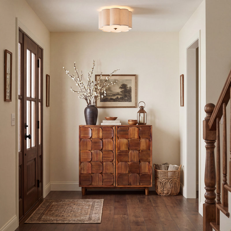Meuble d'appoint géométrique à 2 portes en bois d'acacia de style Mid-Century avec étagères réglables, Brun