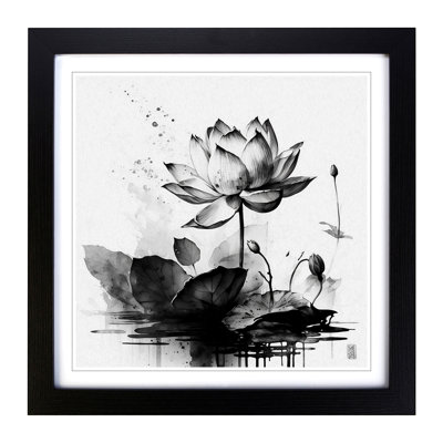 Lotus Flower Ink Wash - Single Picture Frame Print on Wood