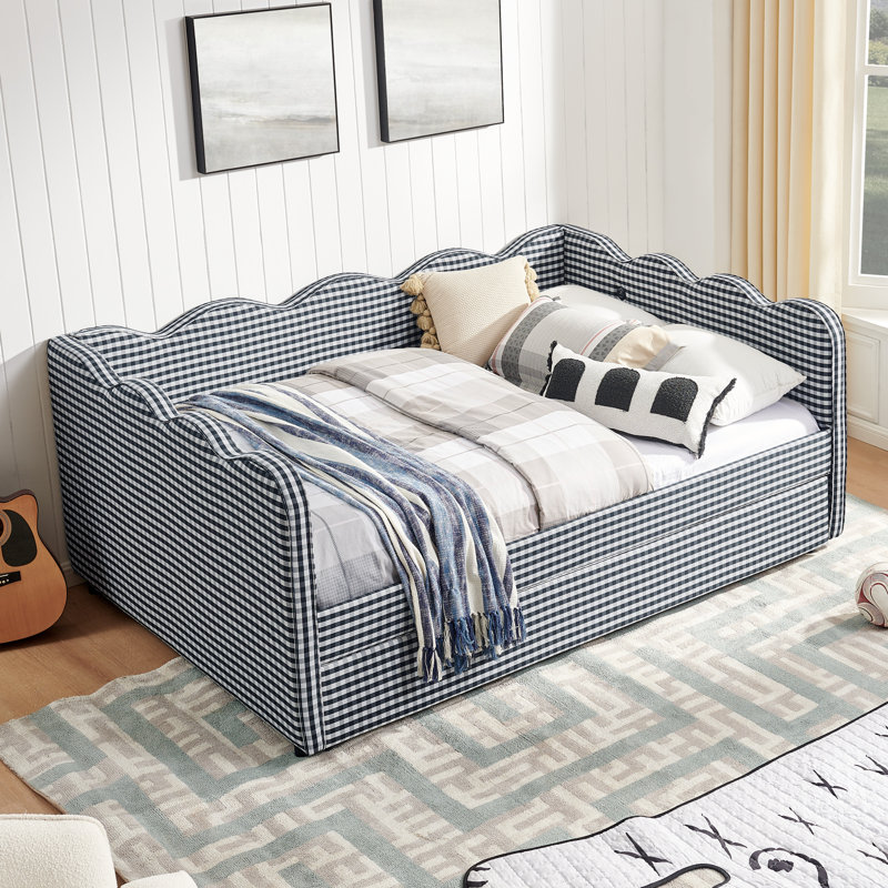 Lit de jour avec lit gigogne simple sans sommier, avec port USB et adorable tissu en forme de vague, Marine
