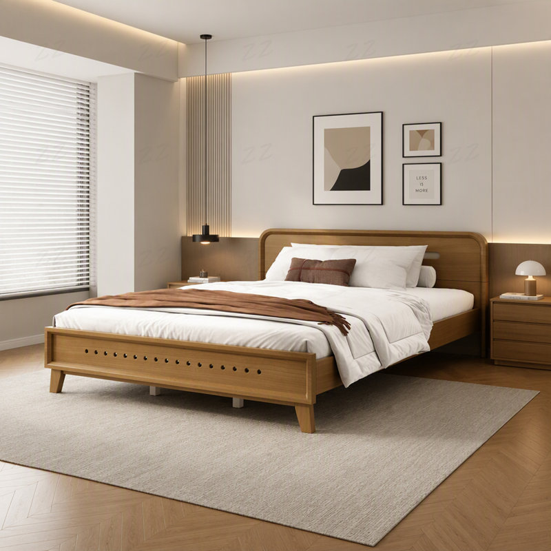 Grand lit en bois de pin massif, solide et stable, sans sommier, Brun, Queen