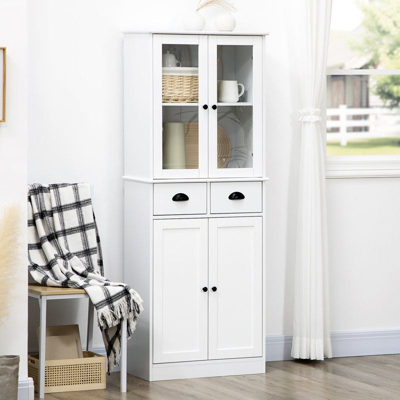 Garde-manger autoportant blanc de 61 po avec tablettes réglables, 2 tiroirs et portes silencieuses à fermeture en douceur dans un espace de vie fascinant