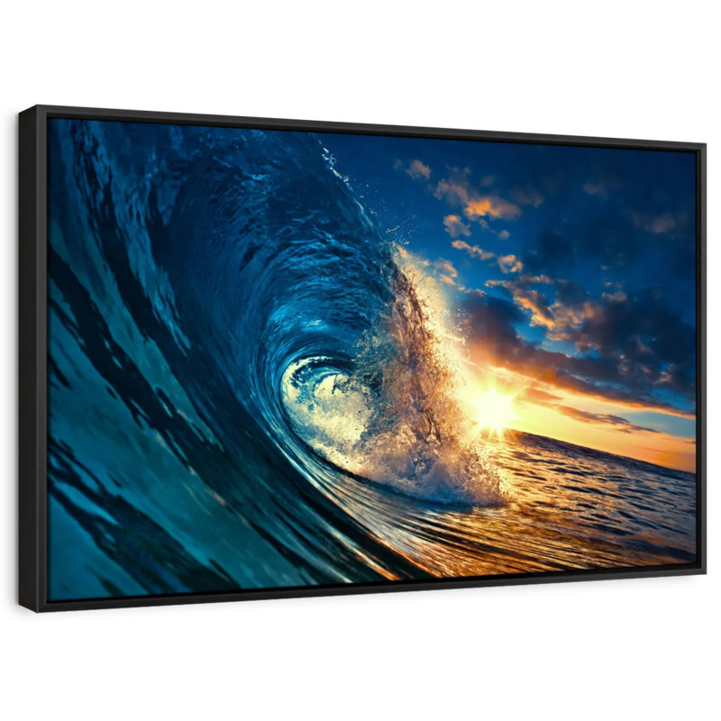" Ocean Sunset Wave ", 40" H x 27" W, Black Floater Framed