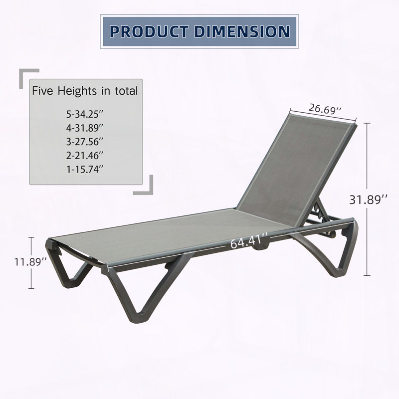 Set of 2 Aluminum Chaise Lounges with 5-Position Back, Gray