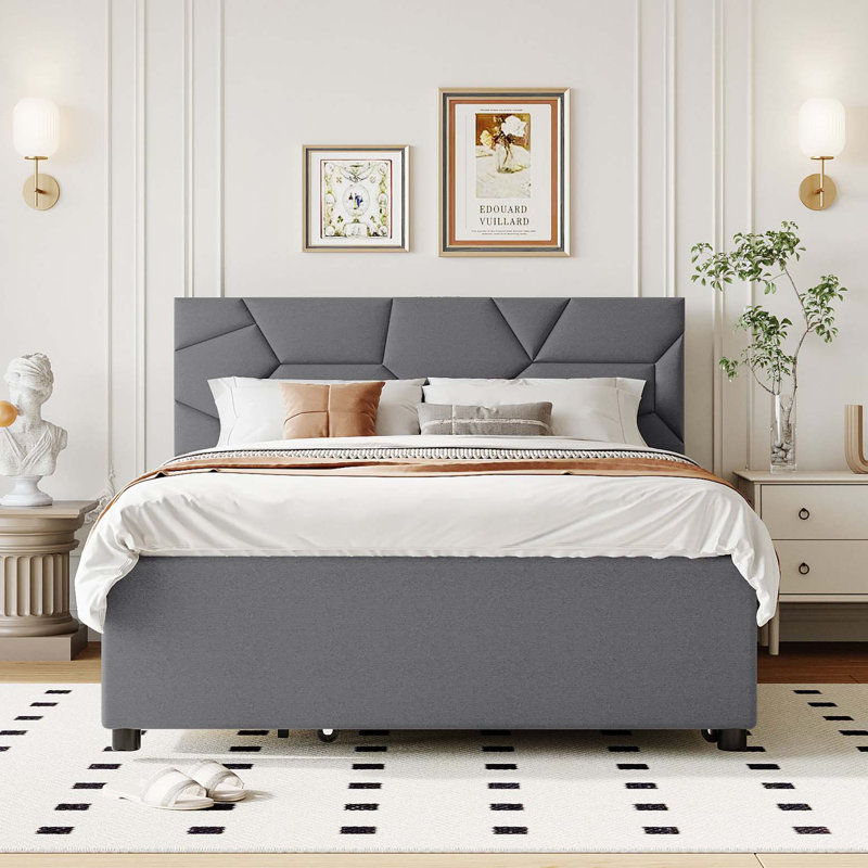 Lit plateforme double tapissier pleine grandeur avec tête de lit à motif brique, avec lit gigogne simple et 2 tiroirs, tissu en lin, gris