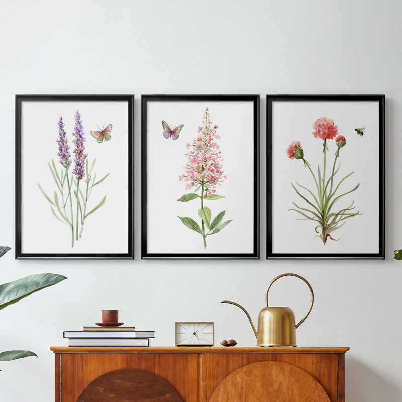 Wildflower Botanical I - Toile tendue avec châssis sur mesure - 3 pièces, H 15 po x l 19 po, Noir