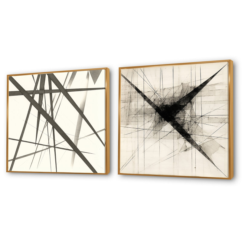 Minimaliste noir et blanc - ensemble de 2 collages de formes abstraites carrées, Cadre flottant doré, H 16 po x l 33 po