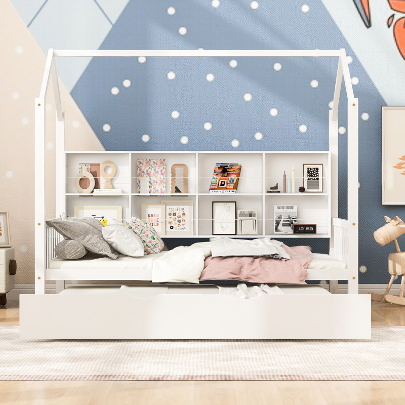 Lit simple en bois, blanc, avec lit gigogne et tablette, espace de jeu pour la taille du lit blanc - jeu semi-fermé, cadre en pin, sommeil idéal
