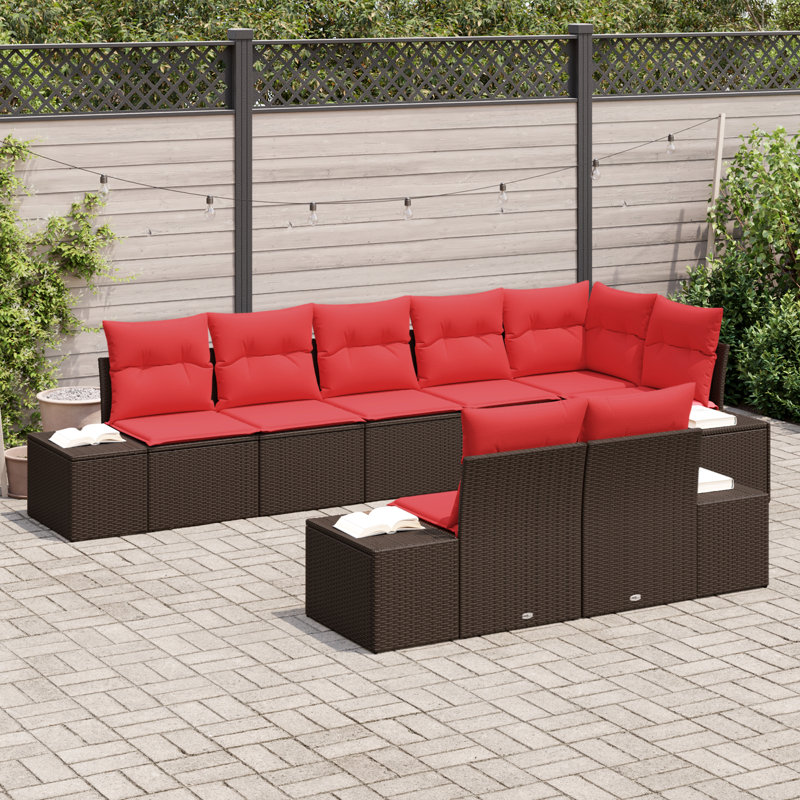 vidaXL Garden Sofa Set with Cushion 8 pcs Brown Poly Rattan, Brown Frame/Red Cushion