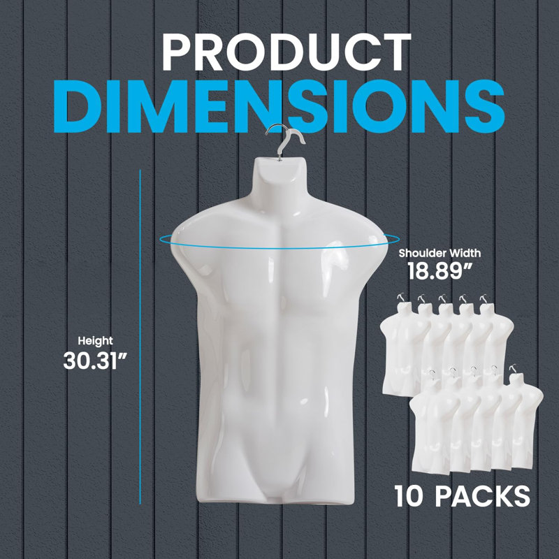 Topmaster Premium Male Shirt Holder - Durable Male-mannequin Torso, Lightweight And Portable Half Body Shirt Holder With Hanging Hook, Men Mannequin For Shirt Display And Storage, White, Pack Of 10