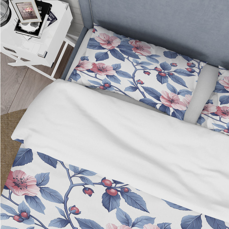 Blue Pink Delicate Floral Dream - Ensemble de housse de couette floral, Housse de couette simple + 2 taies décoratives st