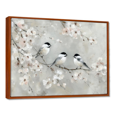 Lovebirds Singing On Cherry Blossom Branch - Floral Bird Canvas Wall Art, Black Botanical Framed Wall Art