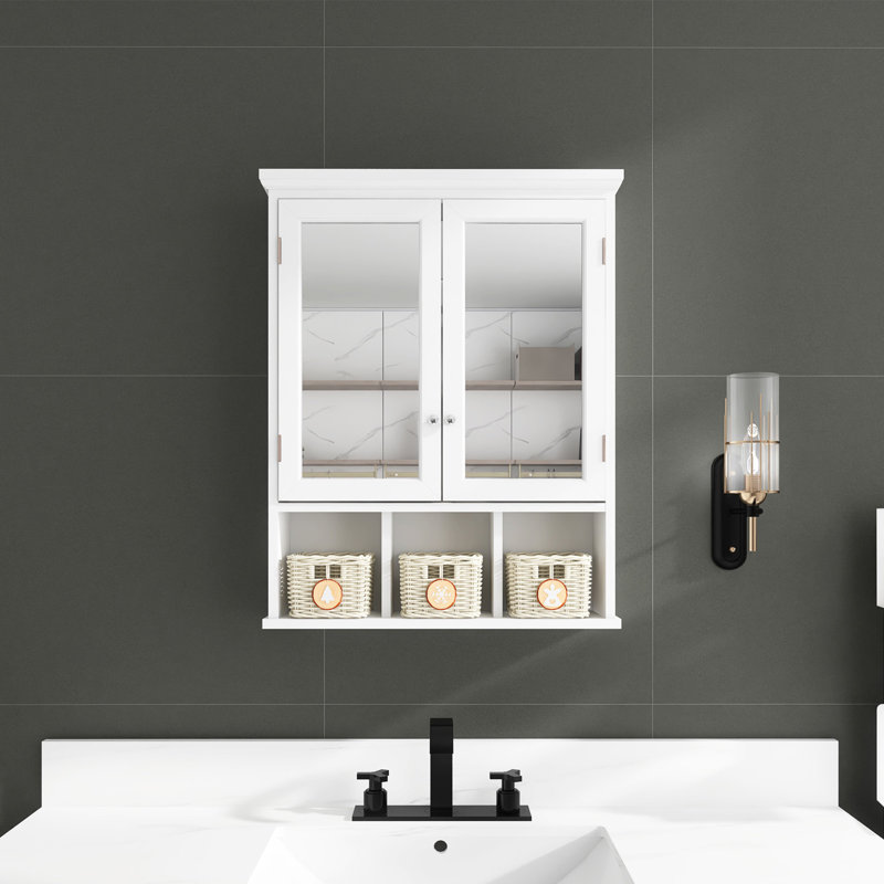 Pharmacie rectangulaire 25 po en MDF blanc avec portes à double miroir