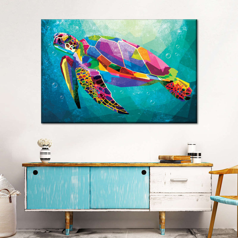 Tortue arc-en-ciel géométrique - impression sur toile tendue, H 30 po x l 45 po x P 1,25 po