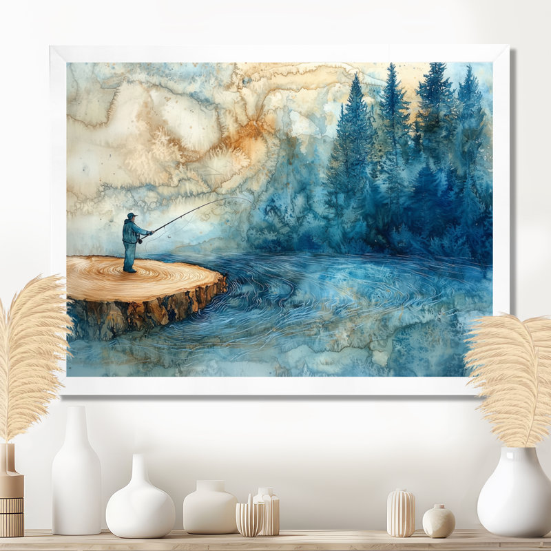 Gerrie, glissade sur bois, pêche dans la rivière d'hiver - Chasse et pêche, art mural, 24" H x 32" W, White