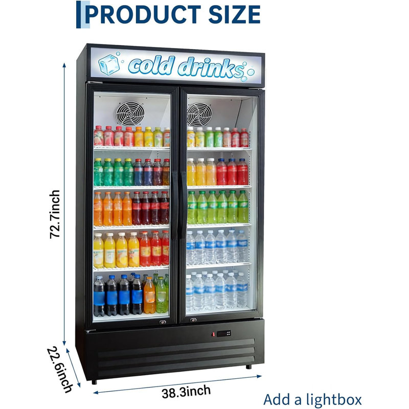Commercial Beverage Refrigerator 40 Inch - 35 Cu.ft. Glass Door Display Fridge with 8 Adjustable Shelves, Heavy-Duty Drink Cooler for Restaurant, Bar, Cafe, Convenience Store & Commercial Use