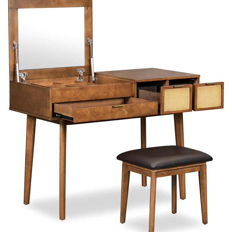 Brown Wood Dressing Vanity Table With Flip-Top Mirror & Stool, Three Drawers For Delicate Makeup Corner Solid Mirror, Stool And Exquisite Setup