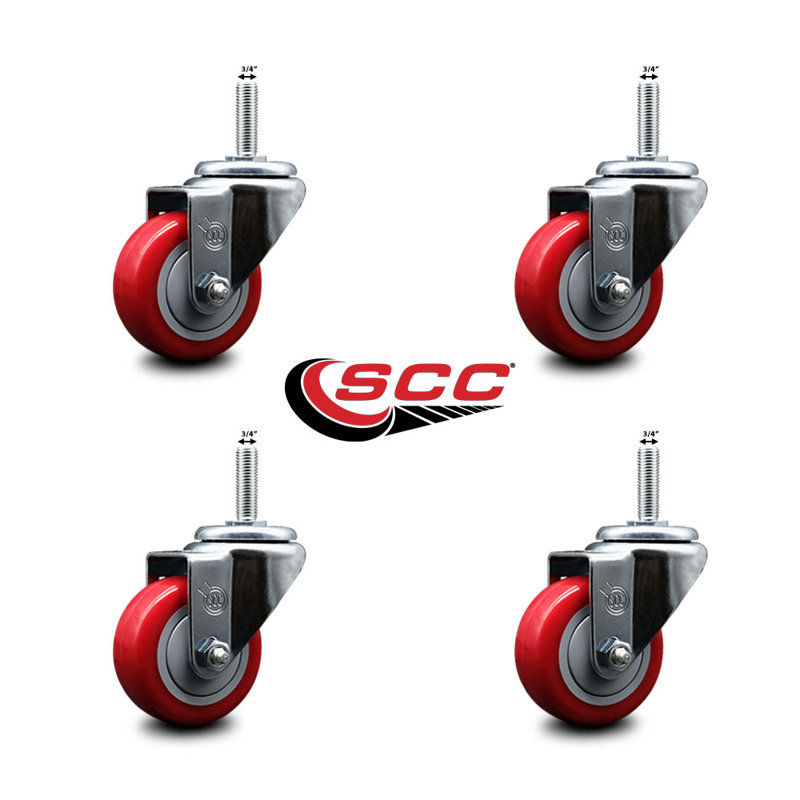 3 Inch_Poly Wheel Swivel 3/4 Inch_Threaded Stem Caster Set Service Caster, Red