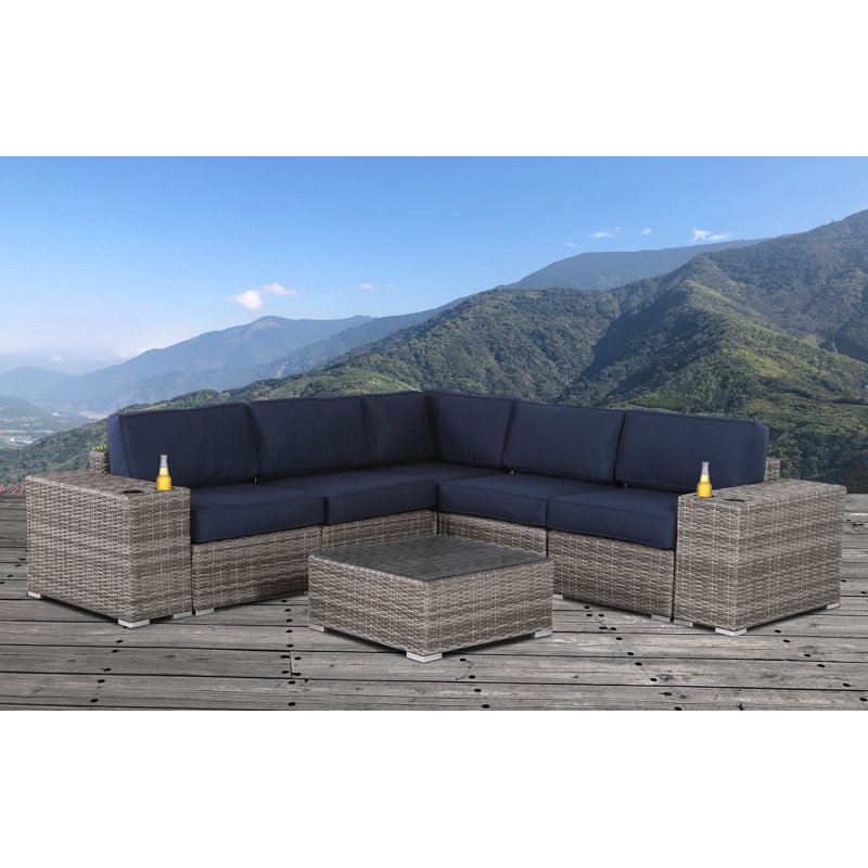 Tonioni Resort Grade Fully Assembled 8 Piece Sunbrella Sectional Seating Group, Gray Frame/Sunbrella Navy Blue Cushion