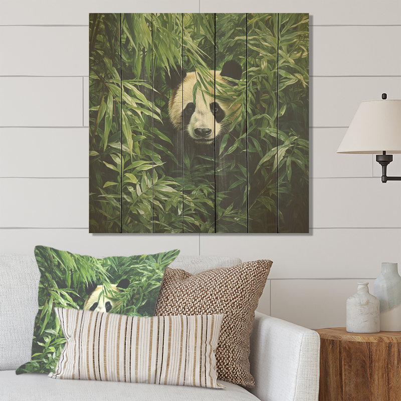 Foliage peekaboo panda II - animal panda sur bois, H 15 po x l 15 po