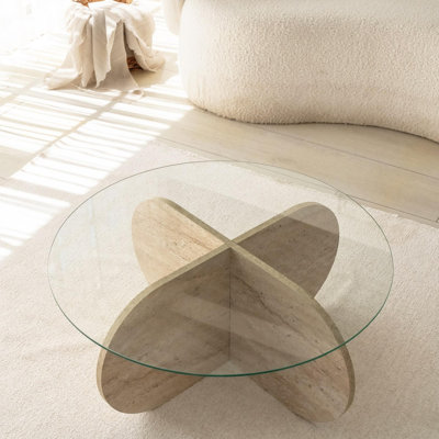 Table basse moderne, couleur travertin, 29,5 po de diamètre x 13,8 po de hauteur | 100% plateau en verre et 100% panneau de particules recouvert de mélamine, épaisseur: 0,7 po | Design élégant en marbre pour le salon et les espaces de détente