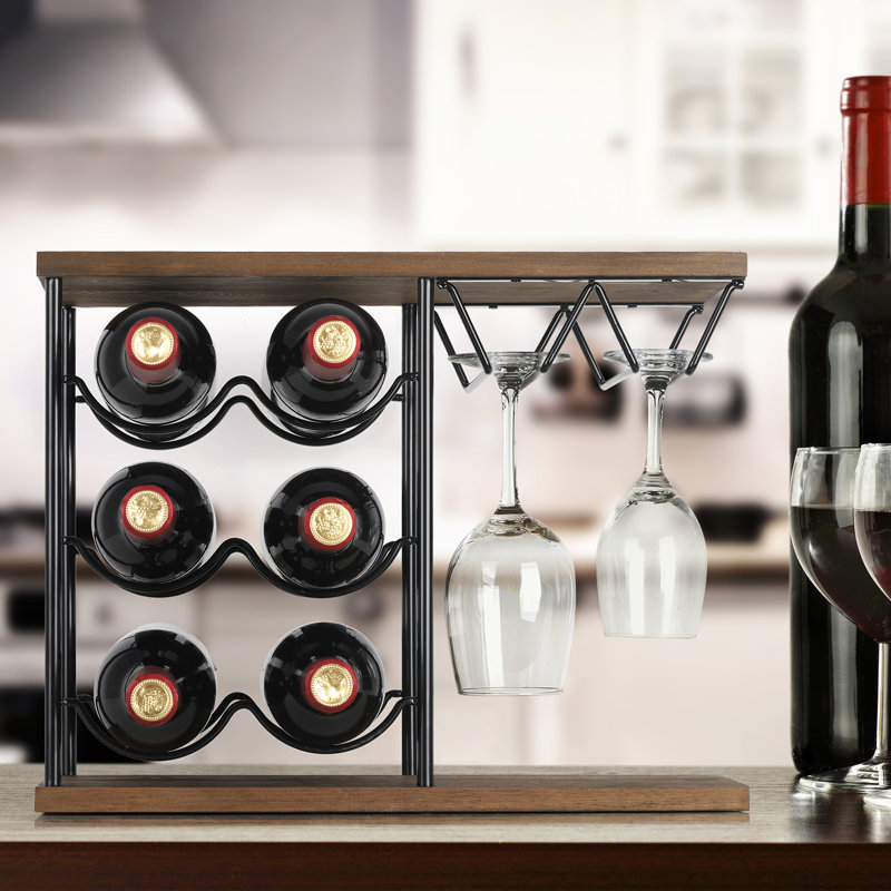 Luwen 6 Bottle Solid Wood Wine Bottle & Glass Rack in Brown