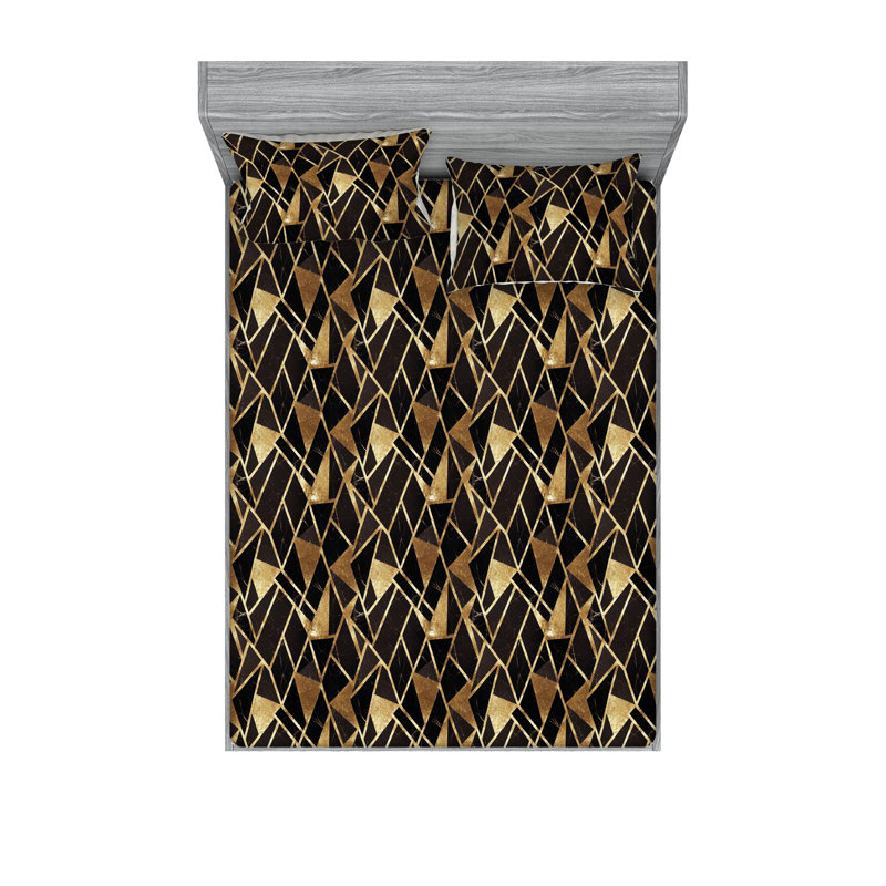 Ambesonne Fitted Sheet & Shams, King Sheet Set with 2 Pillowcases, Dark Chestnut/Brown/Amber Geometric