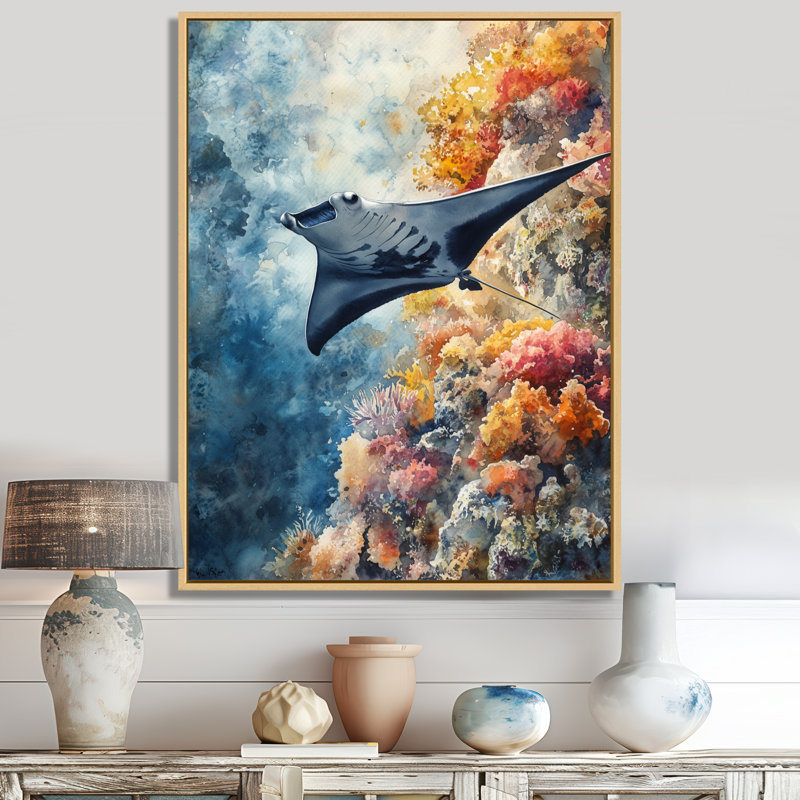 Art mural de raie manta, décor de toile de récif, raie manta sur la crête de récif, H 44 po x l 34 po, Natural Floater Framed