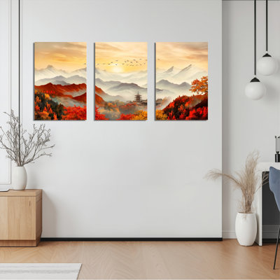 Automne paysage de montagne avec pagode et oiseaux, reproduction d'art sur toile tendue sur toile, ensemble de 3