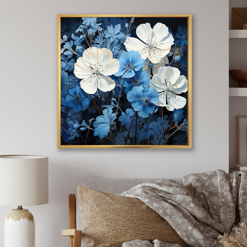 Minimalisme, géraniums bleus et blancs IV sur toile, Cadre flottant doré, 36" H x 36" W