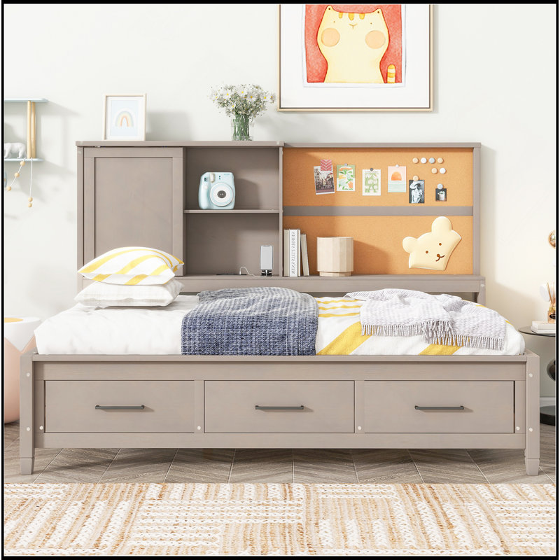 Lit de jour simple avec tablettes de rangement, planche de liège, ports USB et 3 tiroirs, Gris antique