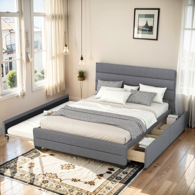 Ketilelf Kids Queen with Trundle with Drawers, Gray