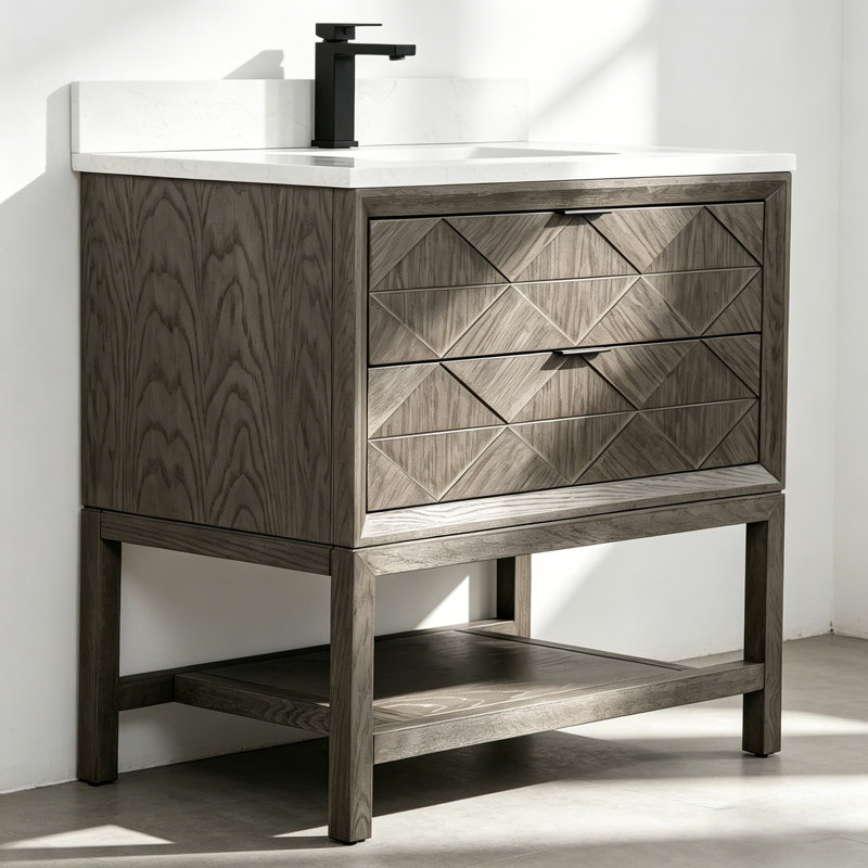 36" Transitional Freestanding Single Sink Gray Oak Solid Wood Bathroom Vanity with Engineered Marble Top, Gray Oak