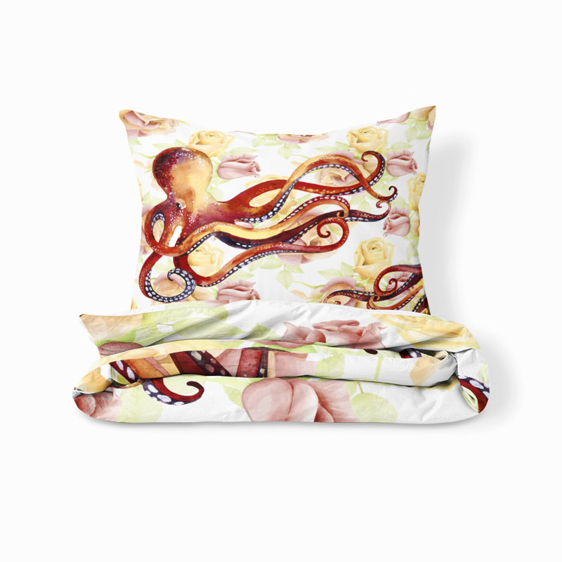  Ensemble de housse de couette Floral Octopus, Housse de couette grand + 2 taies décoratives