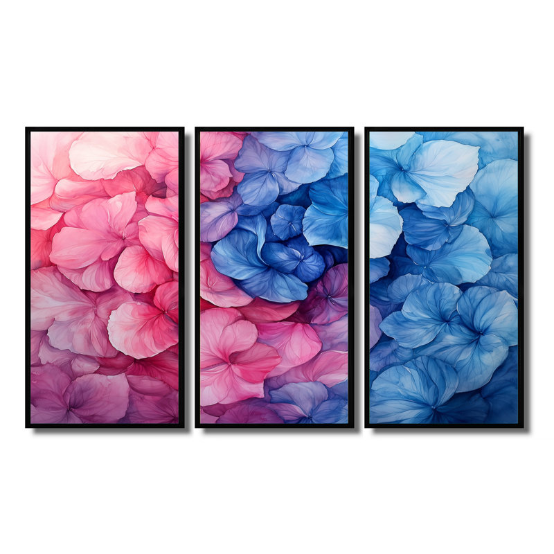 Hortensia coloré tourbillon II - art mural hortensia - ensemble de 3, H 28 po x l 36 po, Noir