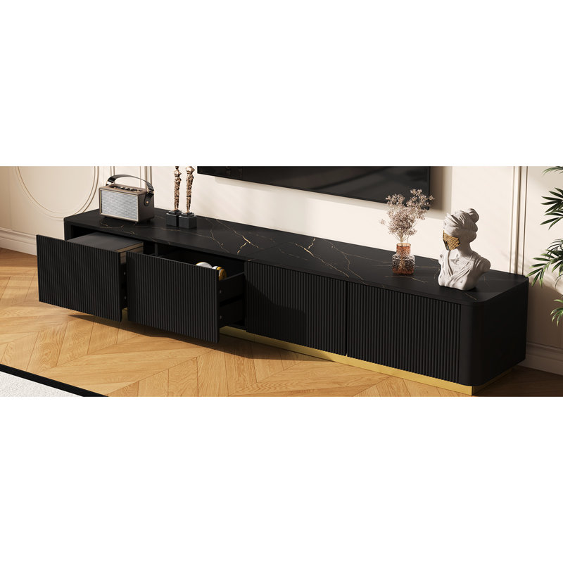 85 Inch Capacity Tv Stand, Fluted Drawers, Black Faux Marble Tabletop, Gold Base, Curved Design, And Luxury Media Console, Capacity, 4 Profile,
