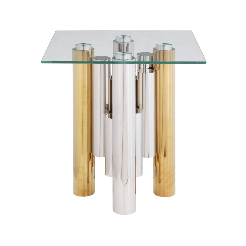 Table de bout carrée en acier inoxydable pour salon - table de centre moderne et élégante de 20 po avec verre trempé transparent