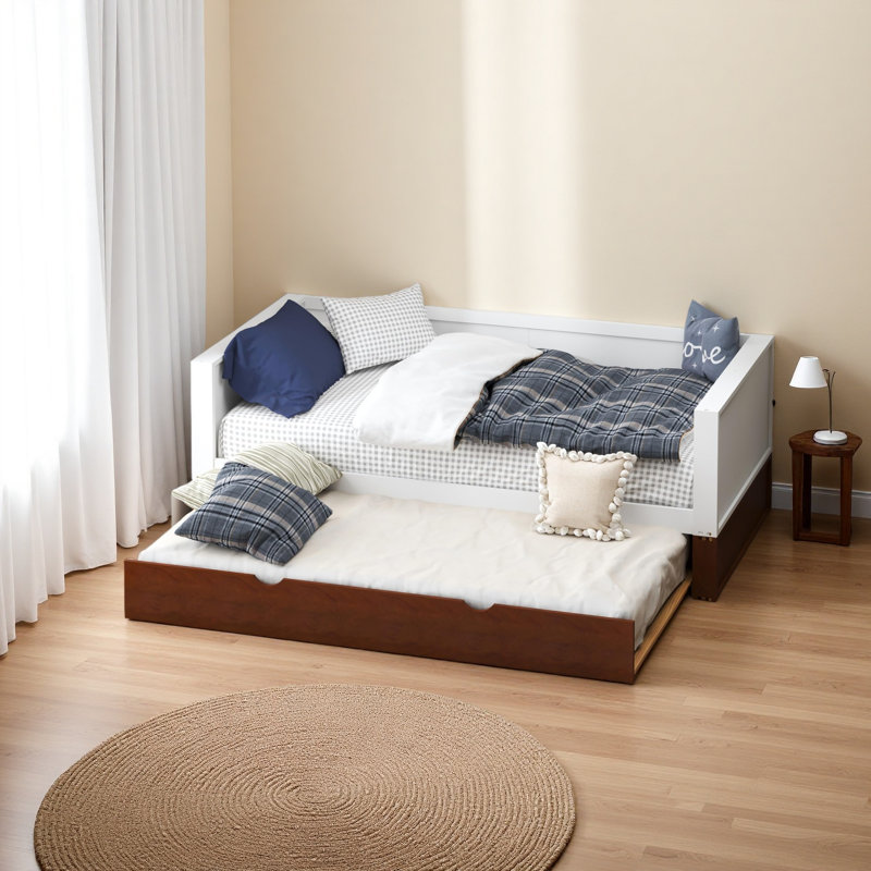 Lit de jour simple avec couchette - Structure de canapé-lit en bois massif, capacité de 350 lb, roues verrouillables, multifonctionnel pour le salon, la chambre à coucher et la chambre d'amis
