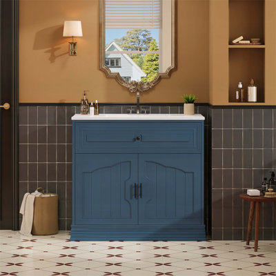 Meuble-lavabo de 36 pouces avec lavabo en céramique, 2 grandes portes à fermeture douce et cadre en bois pour un rangement élégant